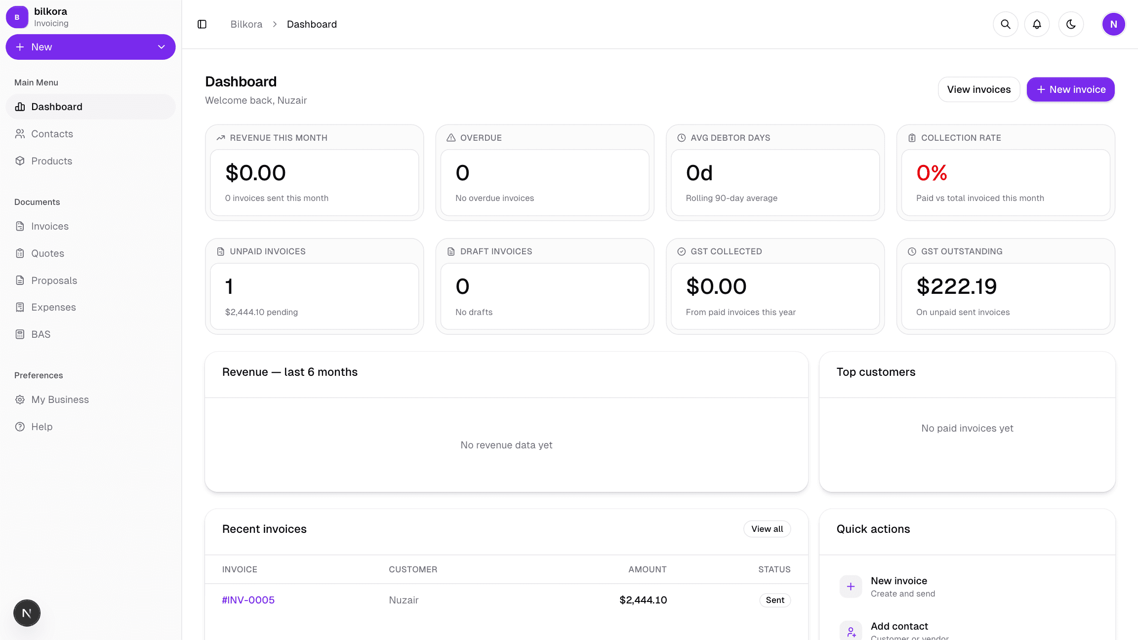 Dashboard — revenue, outstanding balances, and payment history at a glance
