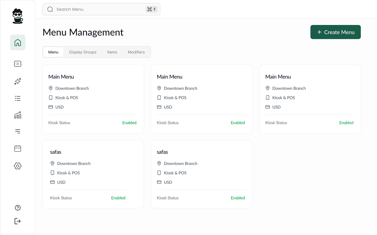 Menu — full item library with AI recommendation toggles and category filters